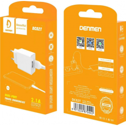 Сетевое ЗУ Denmen DC02T, Type-C, 2.4А, 2 USB, 5V, 1.0 м, белый, фирменная упаковка